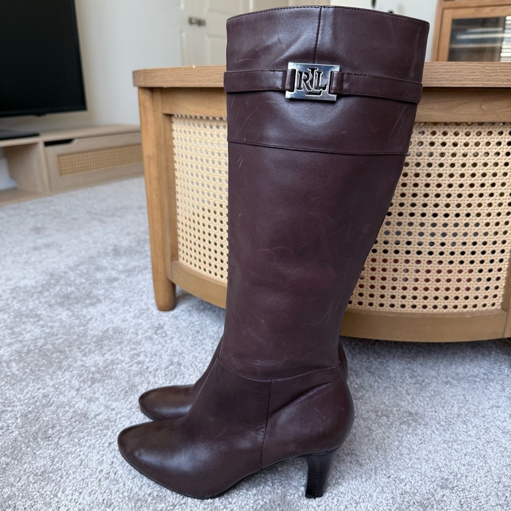 Lauren Ralph Lauren Sula Calfskin Heeled Knee High Boots Brown Size 8.5